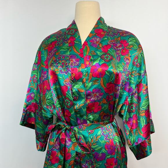 Cacique Vintage Short Satin Robe Kimono Green Floral  | Size: Small - Picture 2 of 9